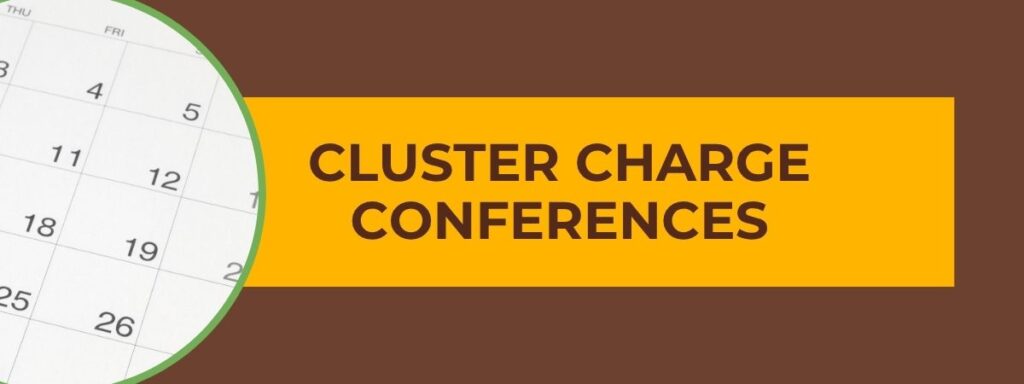 information about cluster charge conferences and a calendar image in a circle